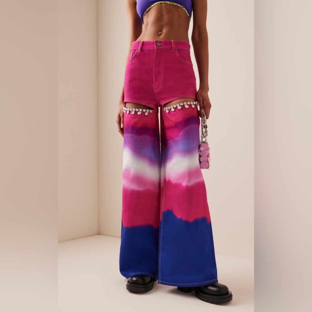 AREA Wide Leg Crystal Slit Ombre Denim Jean in Pink Multi